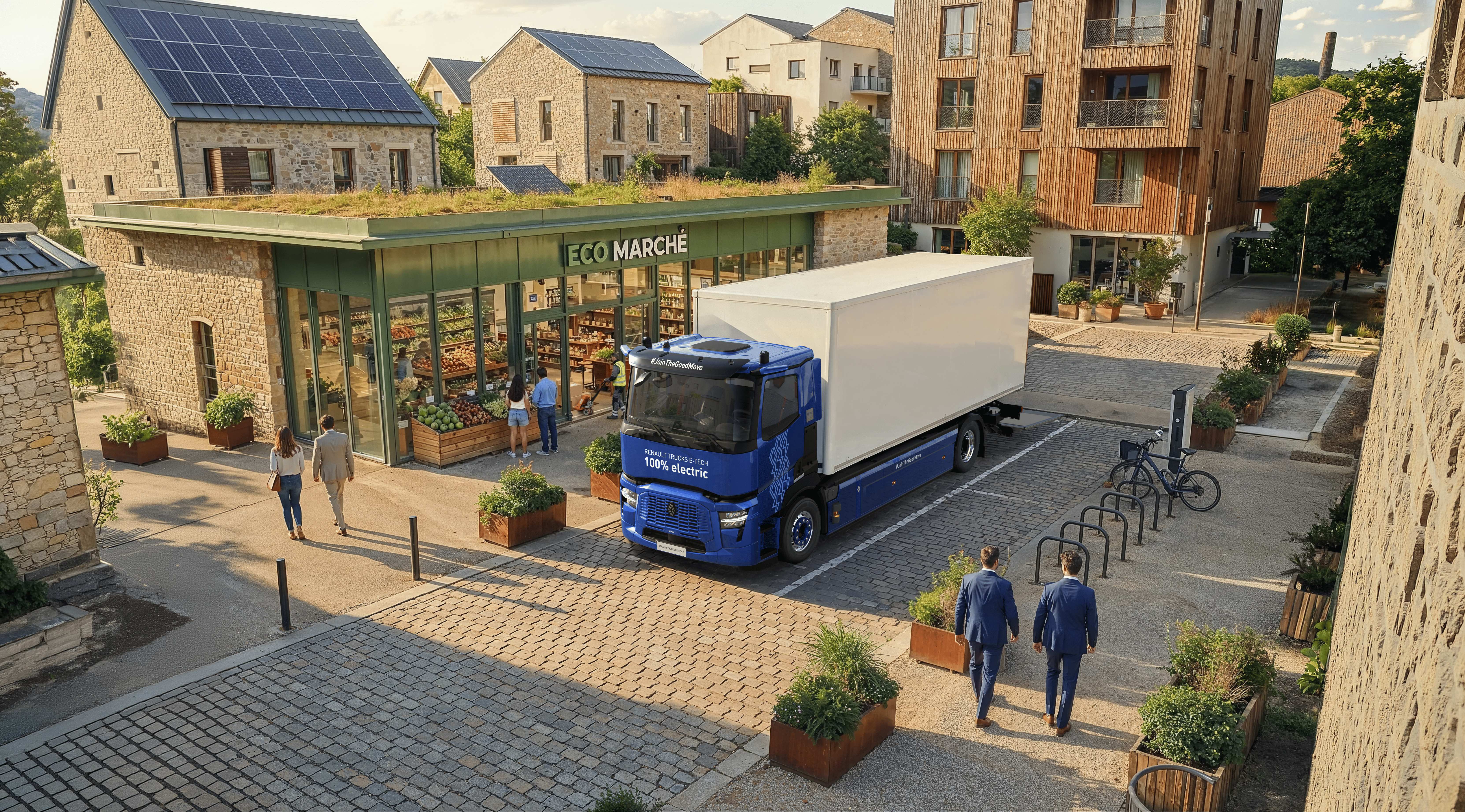 E-tech Renault Trucks driving in the streets near shops
