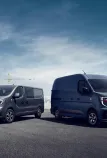 Renault Trucks Red Edition Exclusive range - Renault Trucks Trafic and Renault Trucks Master in front of a construction site backdrop on one side and a city backdrop on the other.