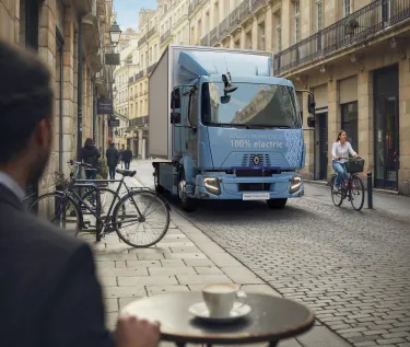 Renault Trucks E-Tech D 12 t/ D 14 t in a narrow street in the heart of the city centre